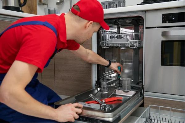 Technician repairing a dishwasher indoors.