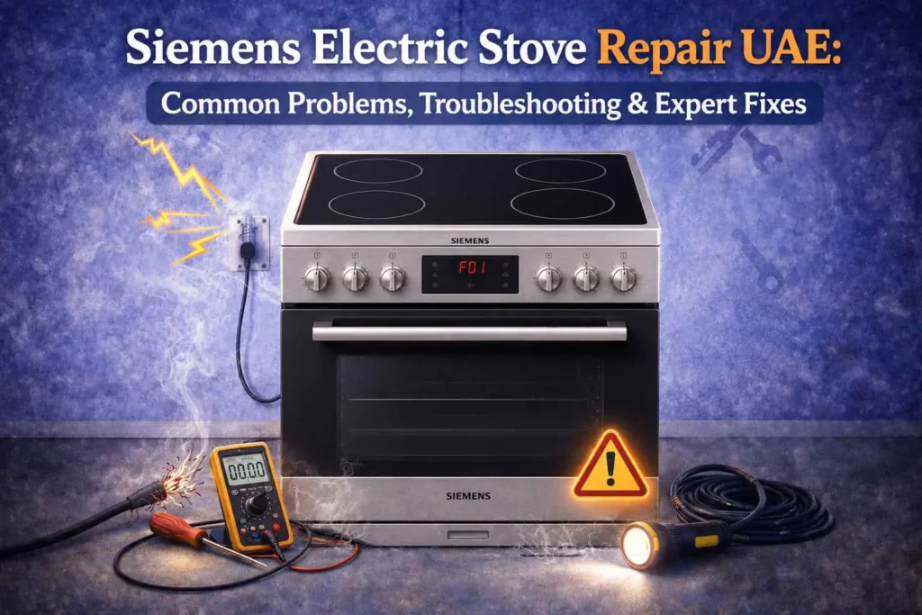Siemens electric stove repair UAE poster showing common problems, troubleshooting tips, expert fixes, diagnostic tools, and a Siemens electric stove with warning signs.