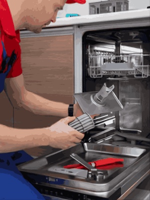 Technician repairing a dishwasher in a home kitchen