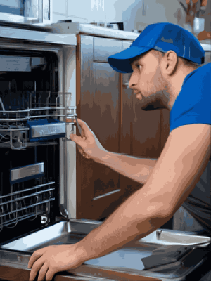 Technician repairing dishwasher at home kitchen appliance service
